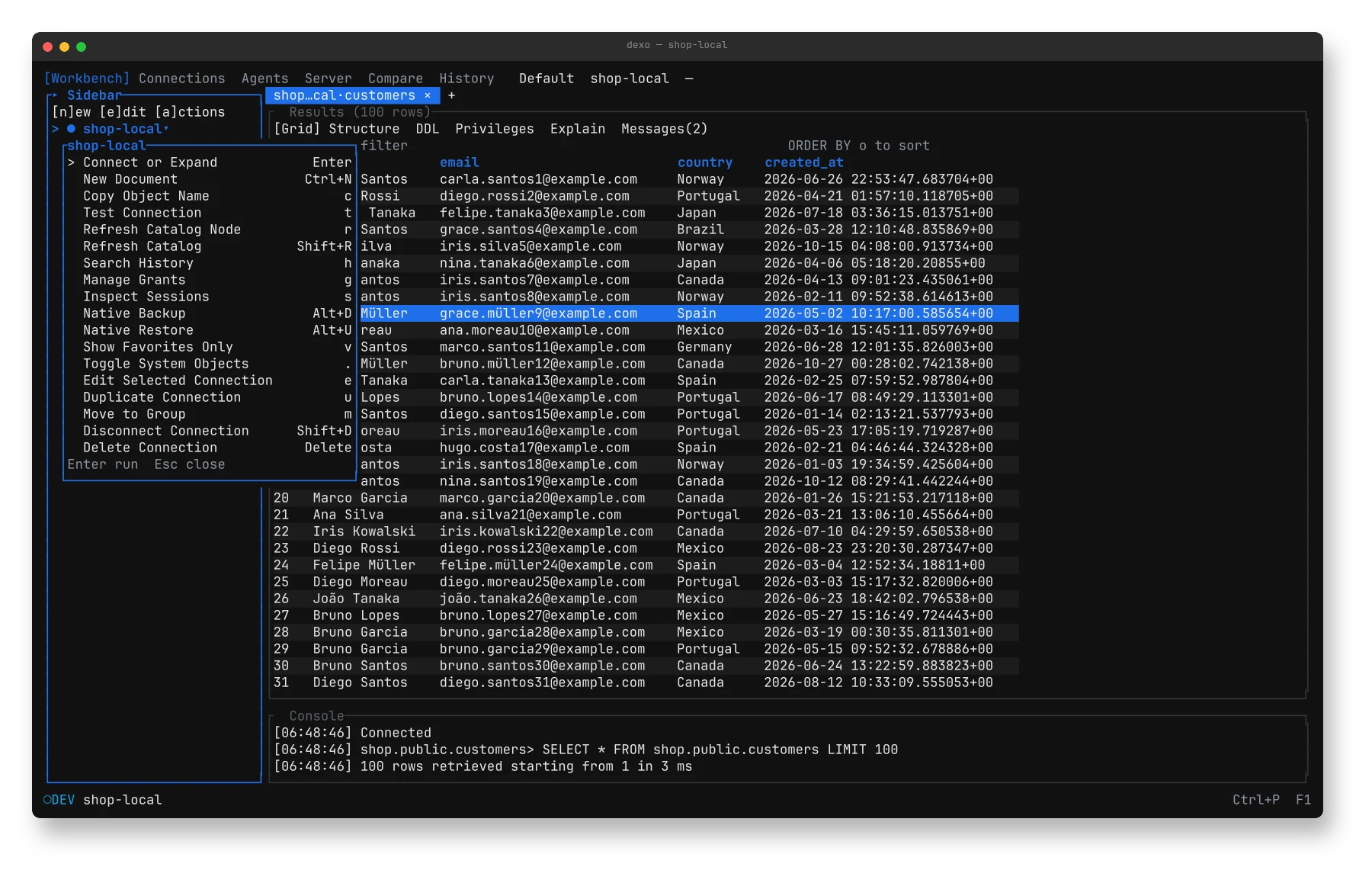 The actions menu for a connection in the catalog tree: connect, new document, test connection, backup, restore and more.