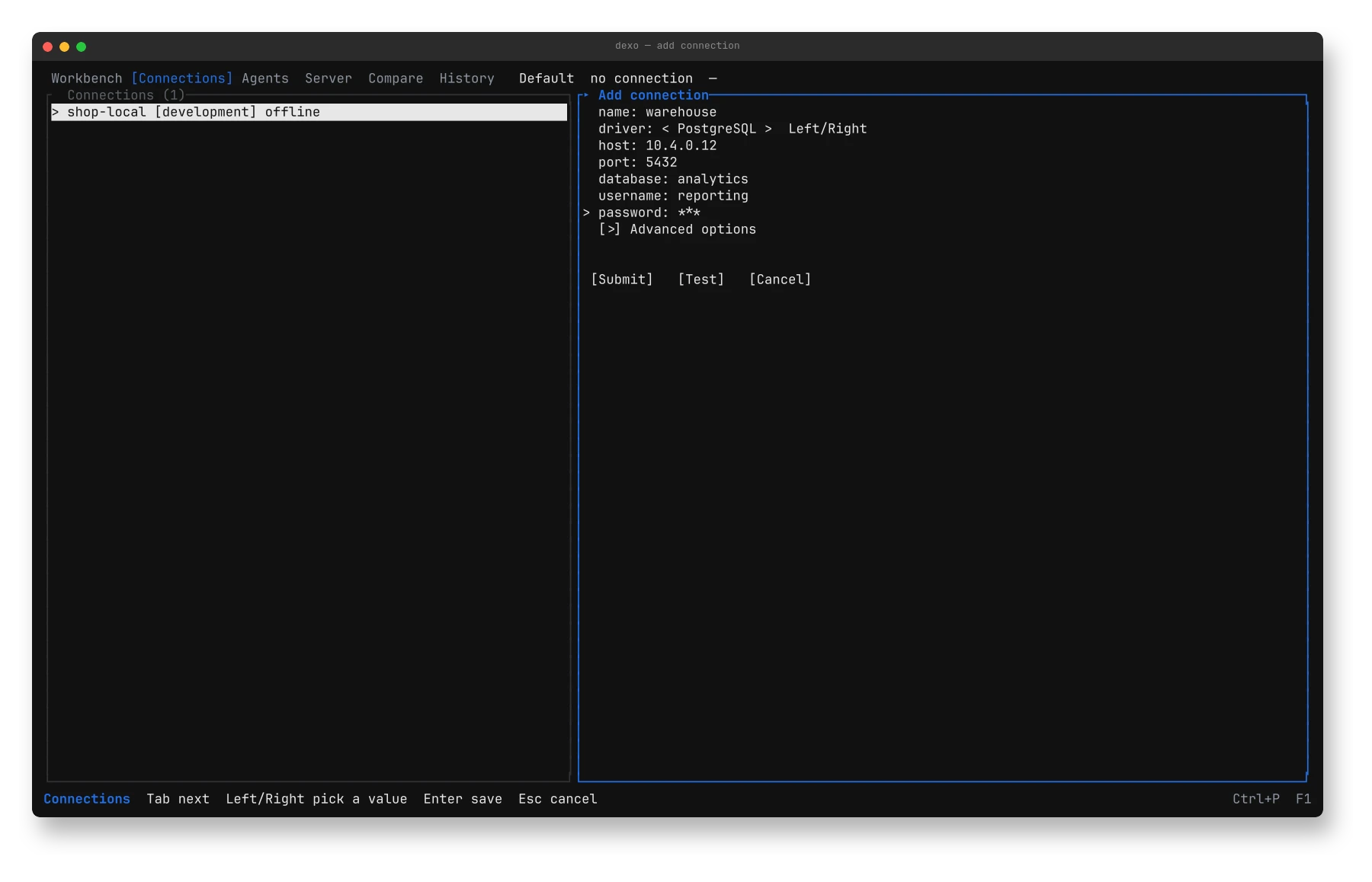 The add-connection form with driver, host, port, database and username, and advanced options collapsed.