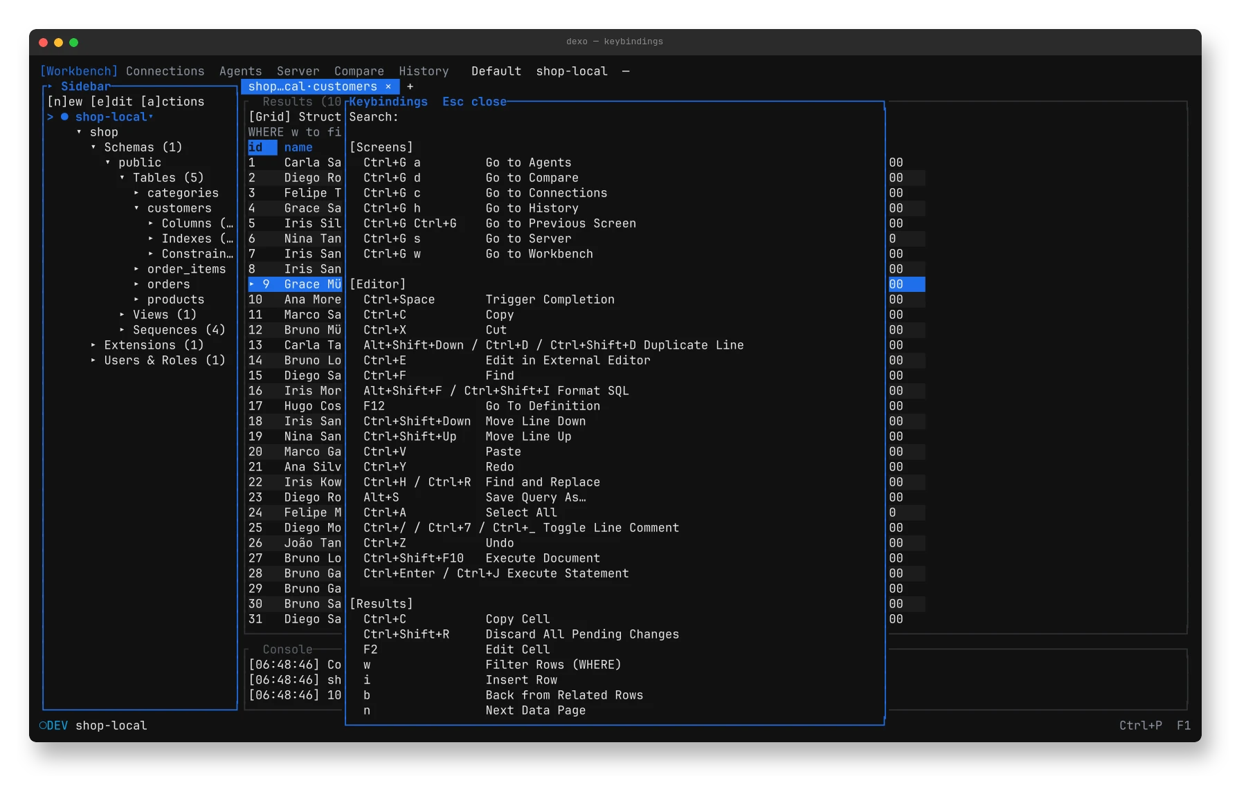 The keybindings overlay listing screen, editor and results keys.