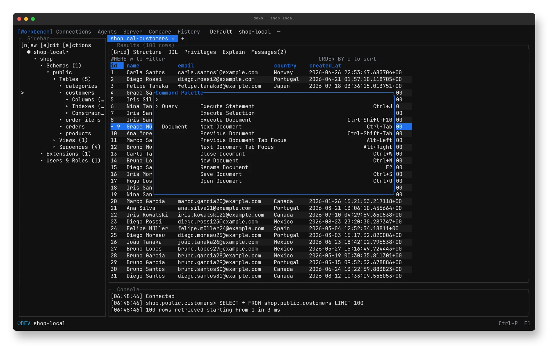 The command palette open over the grid, listing query and document commands with their keys.