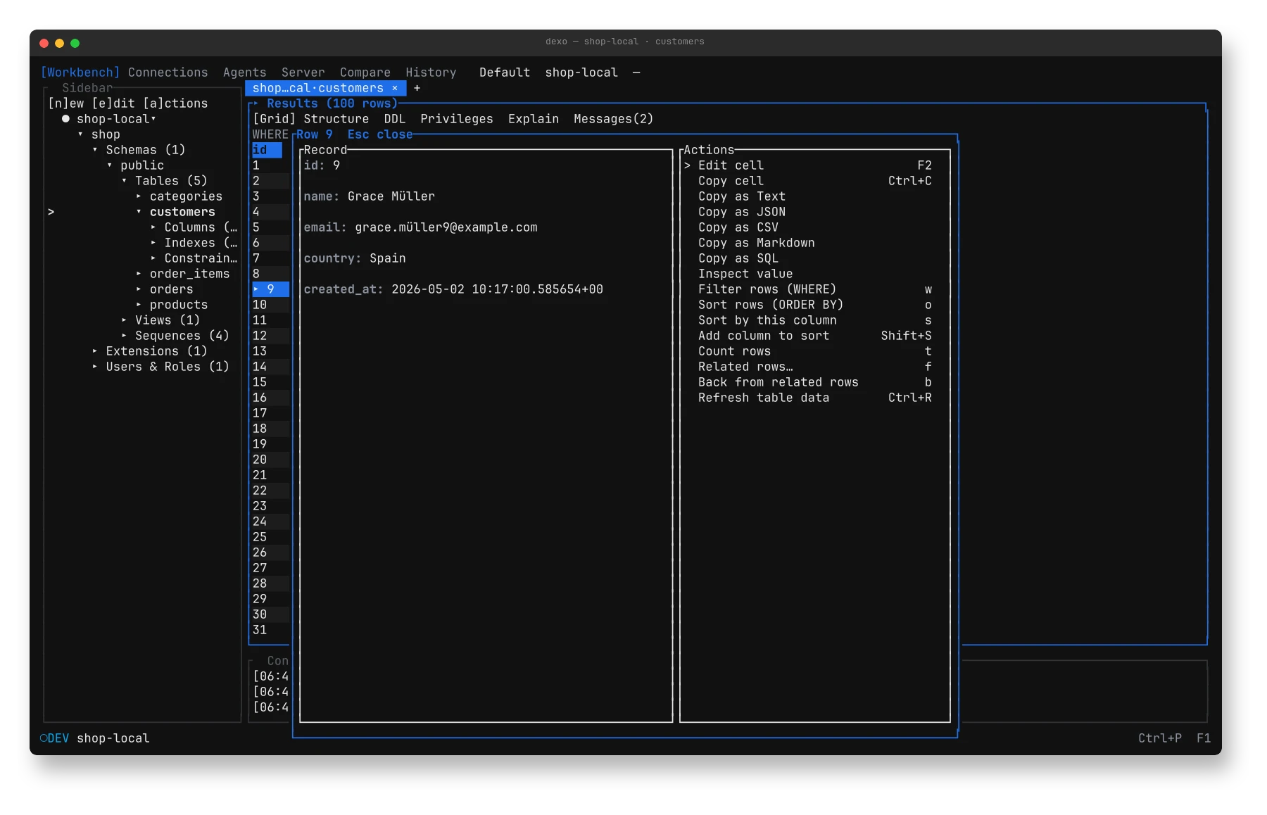 The record view: every field of the selected row, with a list of actions beside it.